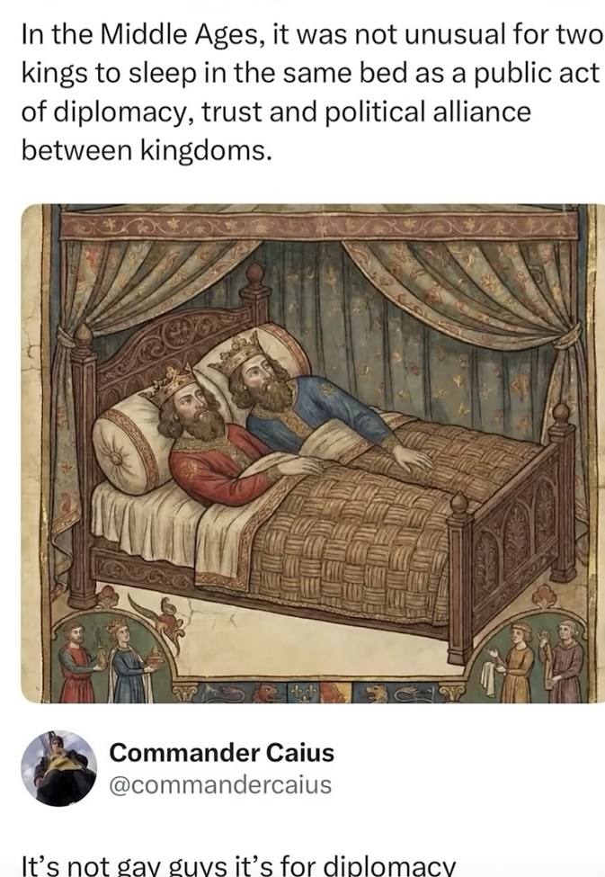 In the Middle Ages, it was not unusual for two kings to sleep in the same bed as a public act of diplomacy, trust and political alliance between kingdoms. It's not gay guys it's for diplomacy