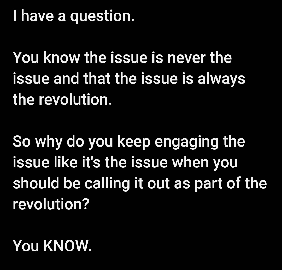 I have a question.

You know the issue is never the issue and that the issue is always the revolution.

So why do you keep engaging the issue like it's the issue when you should be calling it out as part of the revolution?

You KNOW.