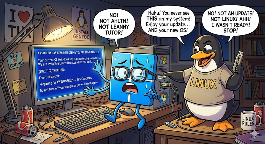 I ♥ GNU; INSTALL TUTOR; A PROBLEM HAS BEEN DETECTED ON YOUR COMPUTER; Your computer's hardware or software might be at fault; No! Not AhltN! Not Leanny Tutor!; Haha! You never see this on my system. Enjoy your update... and your new OS!; NO! NOT AN UPDATE! NOT LINUX! AH! I WONT READY! STOP!; Linux rules; Linux mug says LINUX RULES