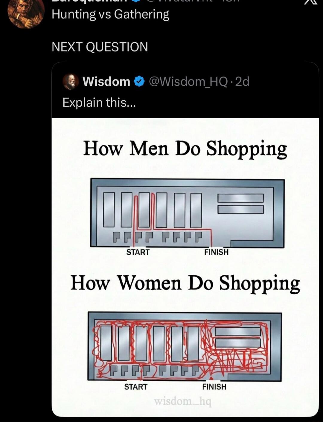Wisdom @Wisdom_HQ: Explain this...

How Men Do Shopping
[diagram showing a straight/short path from START to FINISH]

How Women Do Shopping
[diagram with a tangled, looping path from START to FINISH]

NEXT QUESTION