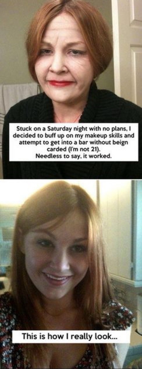 Stuck on a Saturday night with no plans, I decided to buff up on my makeup skills and attempt to get into a bar without being carded (I'm not 21), Needless to say, it worked. This is how I really look...