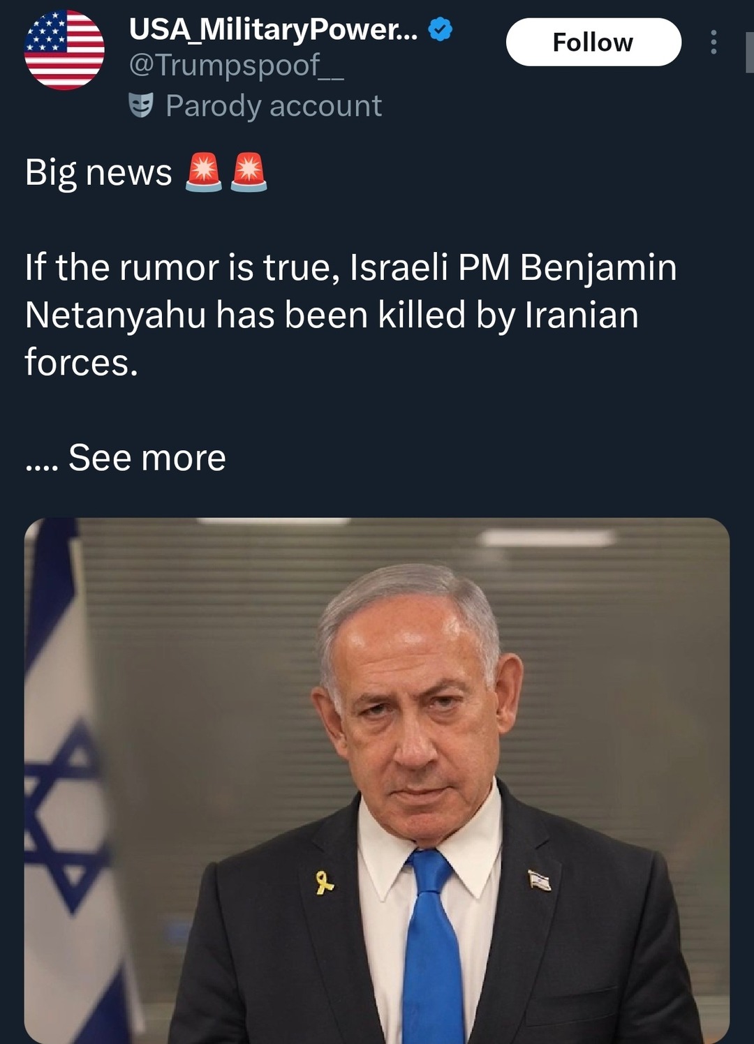 Big news 💥💥 If the rumor is true, Israeli PM Benjamin Netanyahu has been killed by Iranian forces. .... See more