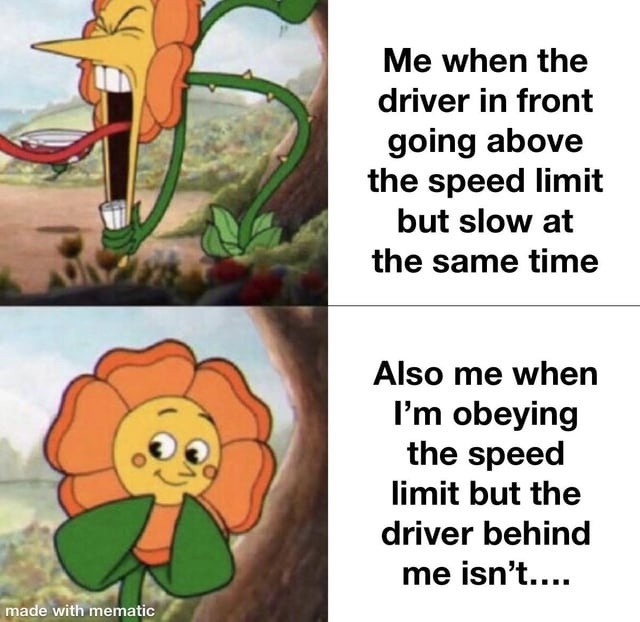 Me when the driver in front going above the speed limit but slow at the same time
Also me when I’m obeying the speed limit but the driver behind me isn’t…