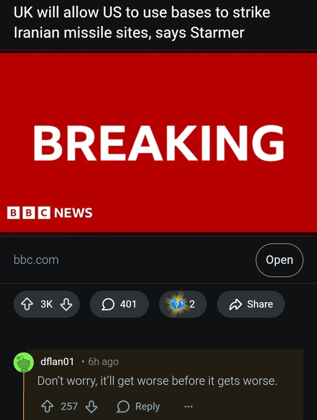 UK will allow US to use bases to strike Iranian missile sites, says Starmer\nBREAKING\nBBC NEWS