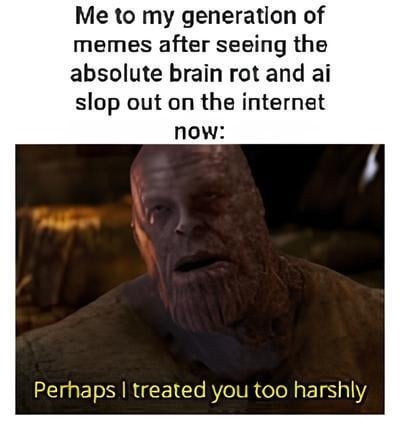Me to my generation of memes after seeing the absolute brain rot and ai slop out on the internet now:
Perhaps I treated you too harshly
