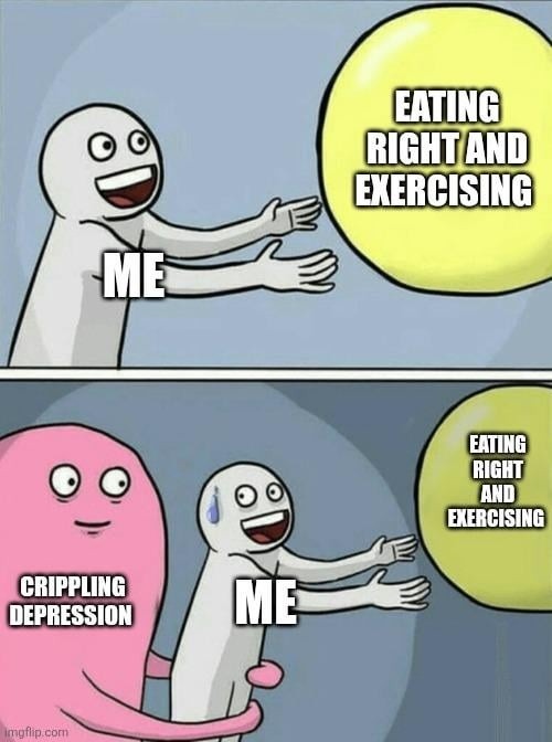 ME reaching for EATING RIGHT AND EXERCISING. In the second panel, CRIPPLING DEPRESSION is grabbing ME while the ball remains labeled EATING RIGHT AND EXERCISING.
