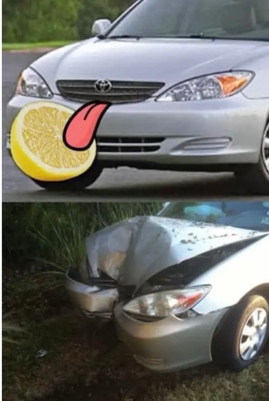 A car with a lemon slice graphic on the front bumper with a cartoon tongue; below, a silver car with a severely dented front end from a crash.