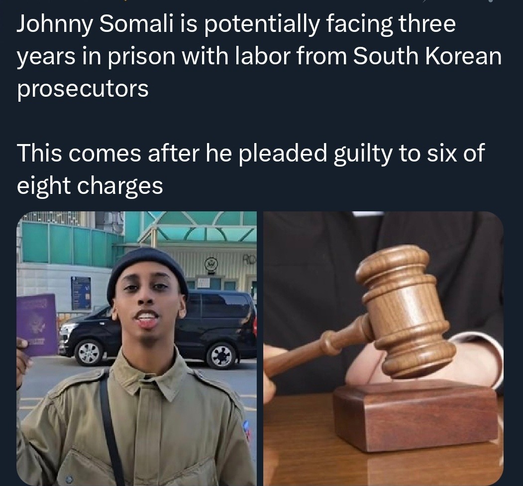Johnny Somali is potentially facing three years in prison with labor from South Korean prosecutors This comes after he pleaded guilty to six of eight charges