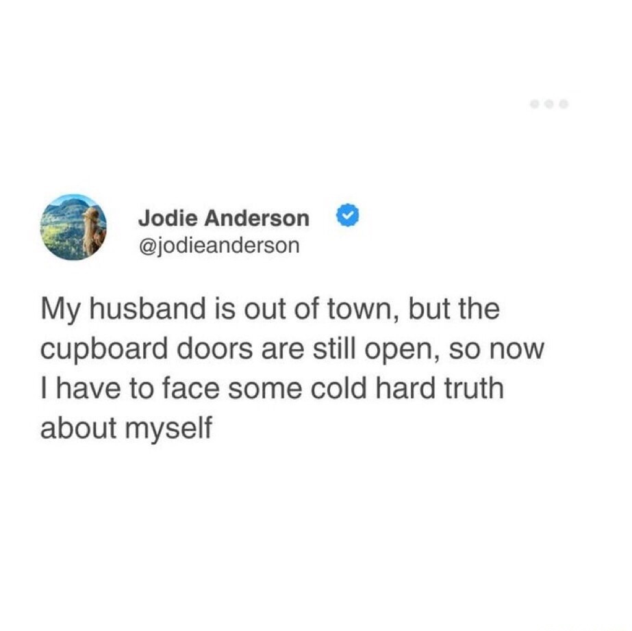 My husband is out of town, but the cupboard doors are still open, so now I have to face some cold hard truth about myself