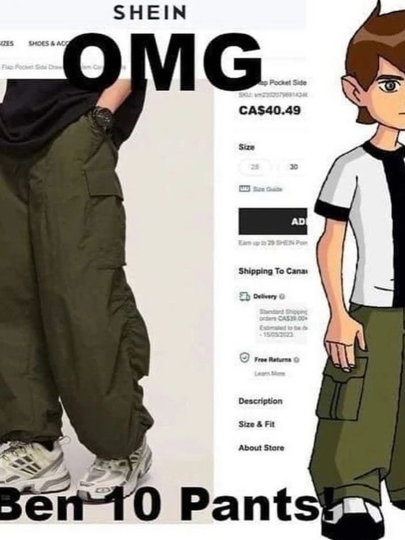 SHEIN OMG Ben 10 Pantalones. Precio: CAS40.49. Tall as: 25, 30. Envío a Canadá. Devoluciones gratis. Descripción: Tamaño y ajuste. Acerca de la tienda.