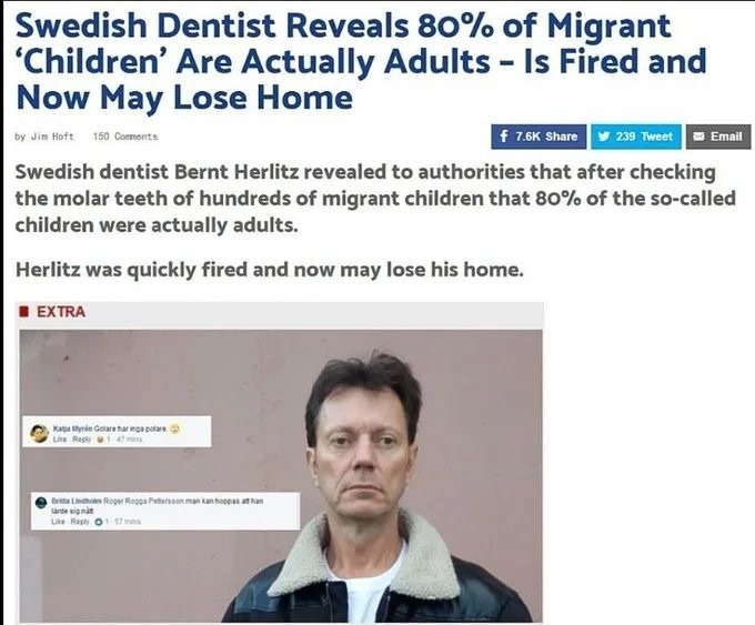 Swedish Dentist Reveals 80% of Migrant 'Children' Are Actually Adults - Is Fired and Now May Lose Home

Swedish dentist Bernt Herlitz revealed to authorities that after checking the molar teeth of hundreds of migrant children that 80% of the so-called children were actually adults.

Herlitz was quickly fired and now may lose his home.