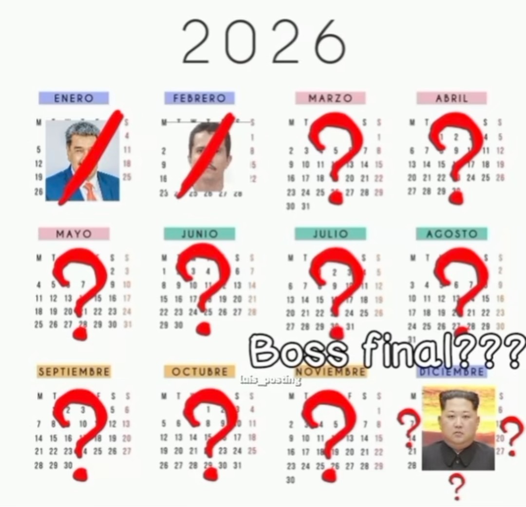 2026
ENERO  FEBRERO  MARZO  ABRIL  MAYO  JUNIO  JULIO  AGOSTO  SEPTIEMBRE  OCTUBRE  NOVIEMBRE  DICIEMBRE
[calendar with red diagonal lines over several months and portraits] Boss final??