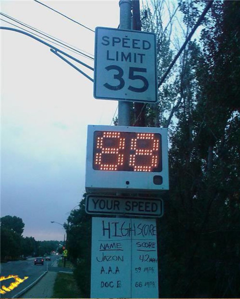 SPEED LIMIT 35
69
YOUR SPEED
HIGH SCORE
NAME SCORE
JAZON 42 MPH
A.A. 99 MPH
DOC R 86 MPH