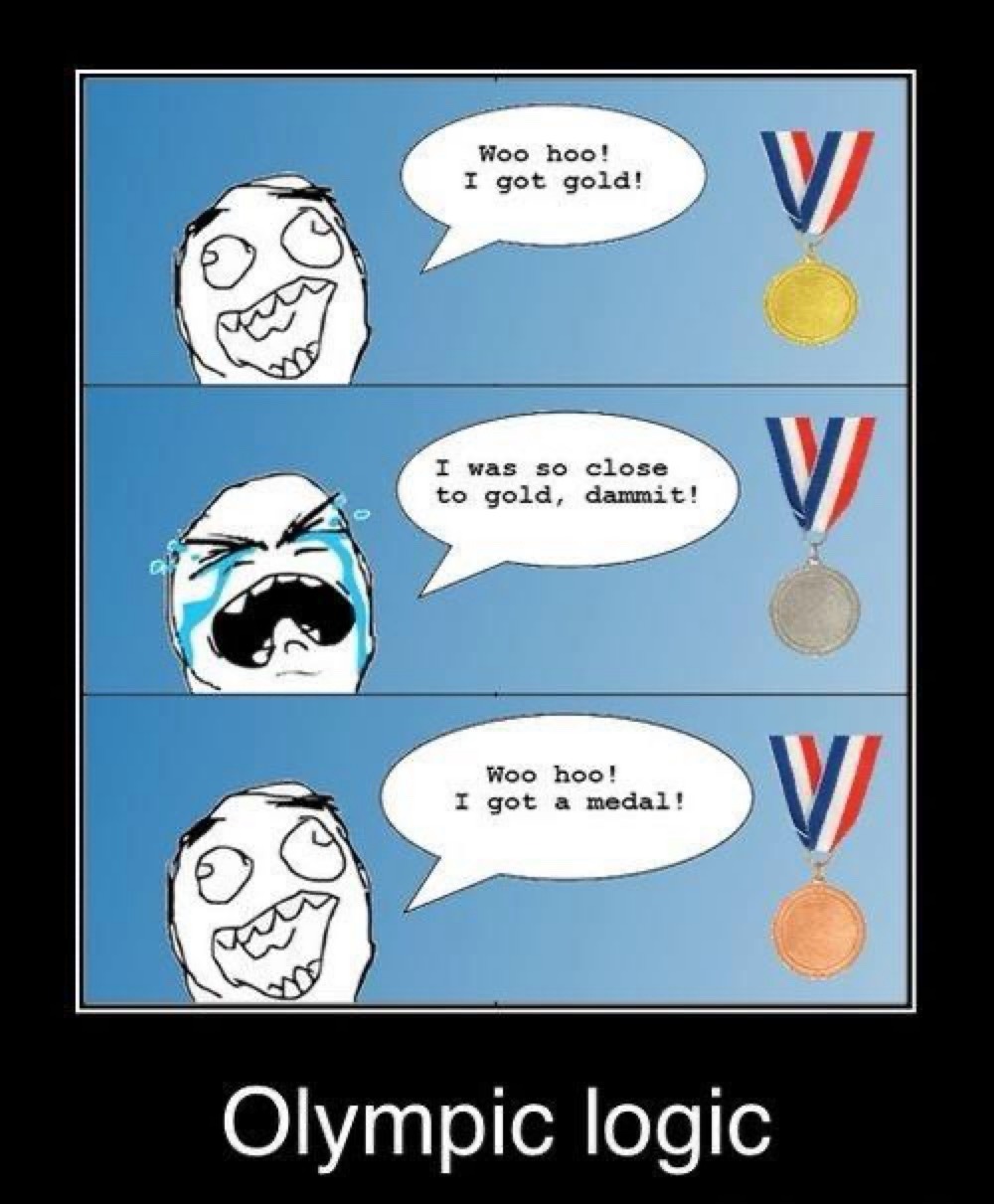 Woo hoo! I got gold!
I was so close to gold, dammit!
Woo hoo! I got a medal!
Olympic logic