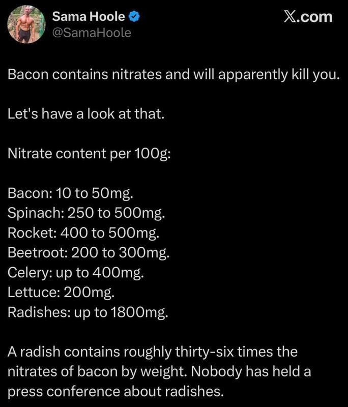 Bacon contains nitrates and will apparently kill you. Let's have a look at that. Nitrate content per 100g: Bacon: 10 to 50mg. Spinach: 250 to 500mg. Rocket: 400 to 500mg. Beetroot: 200 to 300mg. Celery: up to 400mg. Lettuce: 200mg. Radishes: up to 1800mg. A radish contains roughly thirty-six times the nitrates of bacon by weight. Nobody has held a 