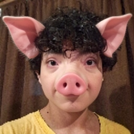 Persona con filtro de nariz de cerdo, mirando a la cámara.