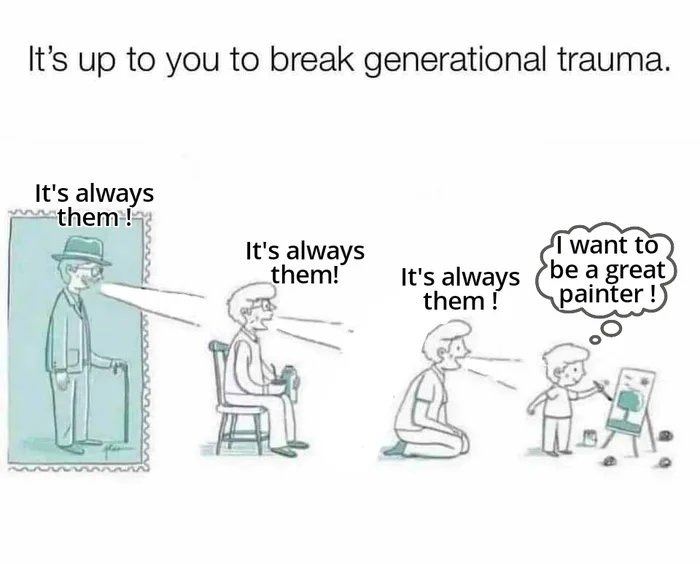 It's up to you to break generational trauma.
It's always them!
It's always them!
It's always them!
I want to be a great painter!