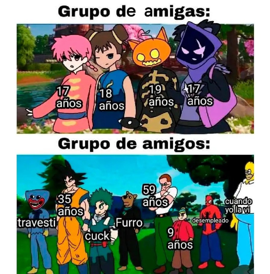 Grupo de amigas:
17 años
18 años
19 años
17 años
Grupo de amigos:
travesti
35 años
59 años
9 años
cuando volvi desempleado