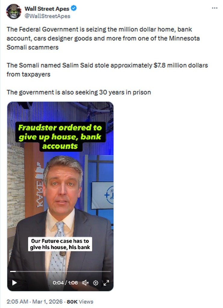 The Federal Government is seizing the million dollar home, bank account, cars designer goods and more from one of the Minnesota Somali scammers

The Somali named Salim Said stole approximately $7.8 million dollars from taxpayers

The government is also seeking 30 years in prison

Fraudster ordered to give up house, bank accounts

Our Future case ha