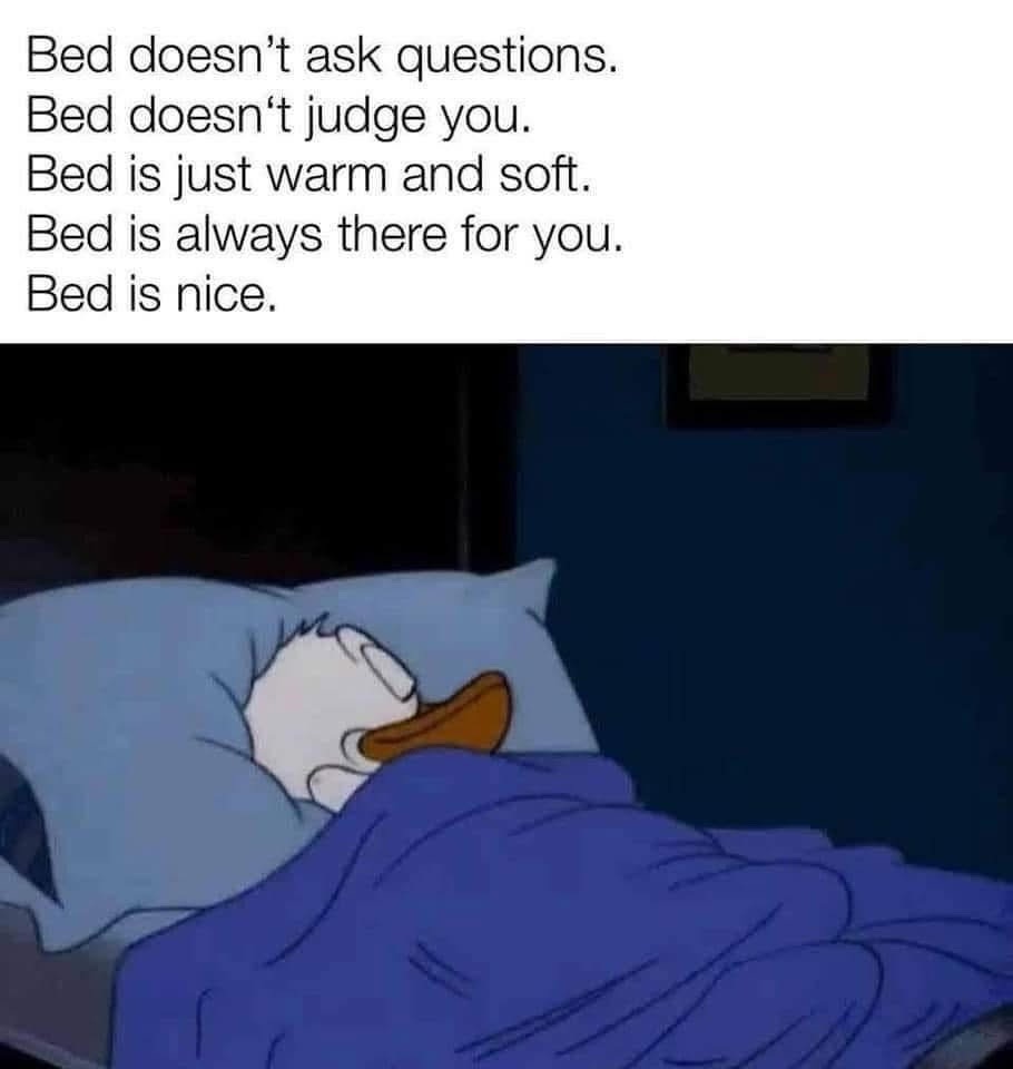 Bed doesn't ask questions. Bed doesn't judge you. Bed is just warm and soft. Bed is always there for you. Bed is nice.