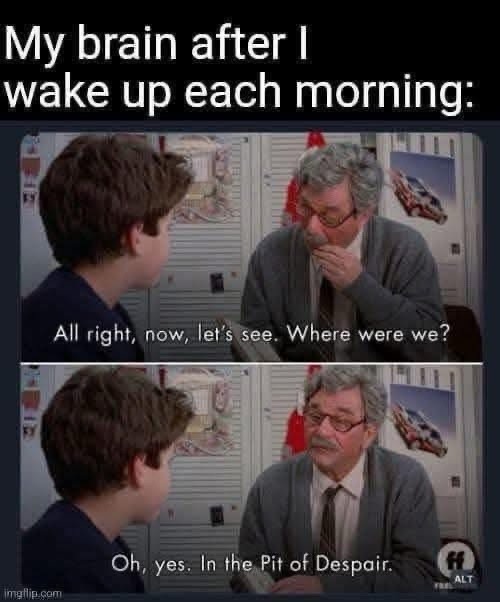 My brain after I wake up each morning:
All right, now, let's see. Where were we?
Oh, yes. In the Pit of Despair.
