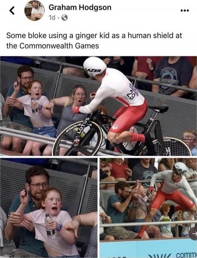 Some bloke using a ginger kid as a human shield at the Commonwealth Games