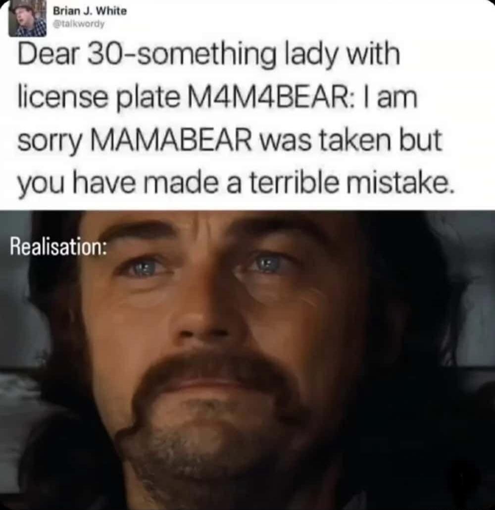 Dear 30-something lady with license plate M4M4BEAR: I am sorry MAMABEAR was taken but you have made a terrible mistake.
Realisation: