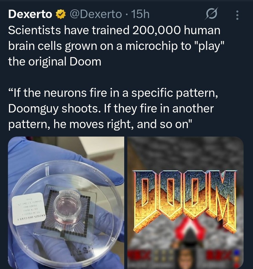 Dexerto @Dexerto - 15h Scientists have trained 200,000 human brain cells grown on a microchip to 
