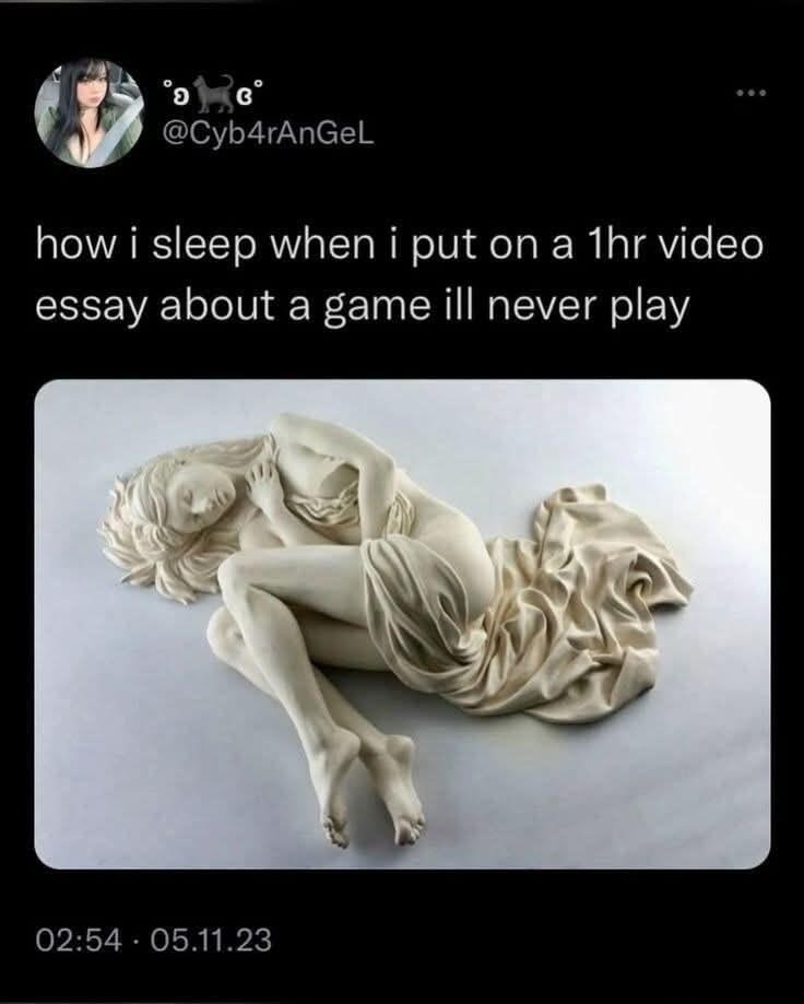how i sleep when i put on a 1hr video essay about a game ill never play
