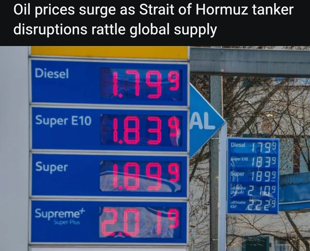 Oil prices surge as Strait of Hormuz tanker disruptions rattle global supply
Diesel 1.799
Super E10 1.839
Super 1.899
Supreme+ 2.019