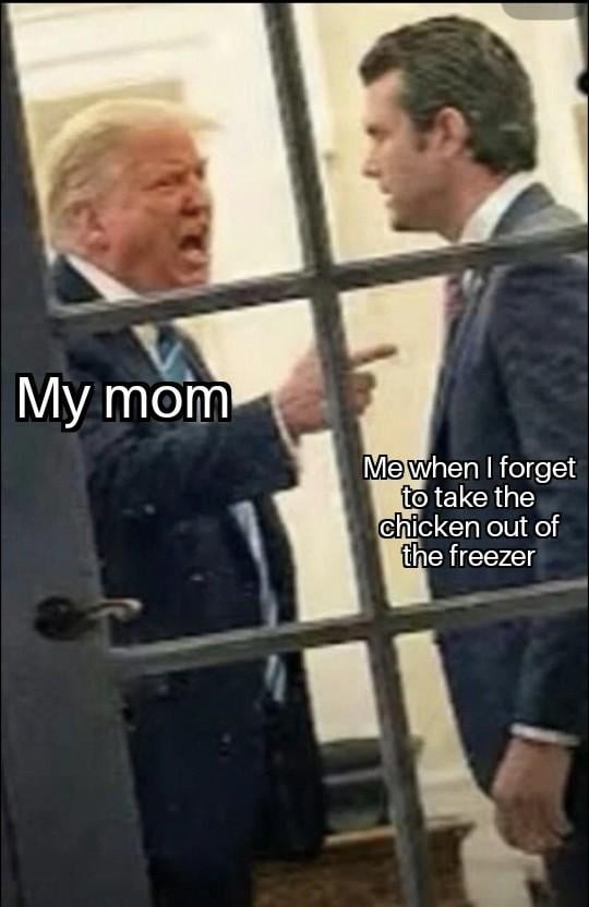 My mom
Me when I forget to take the chicken out of the freezer