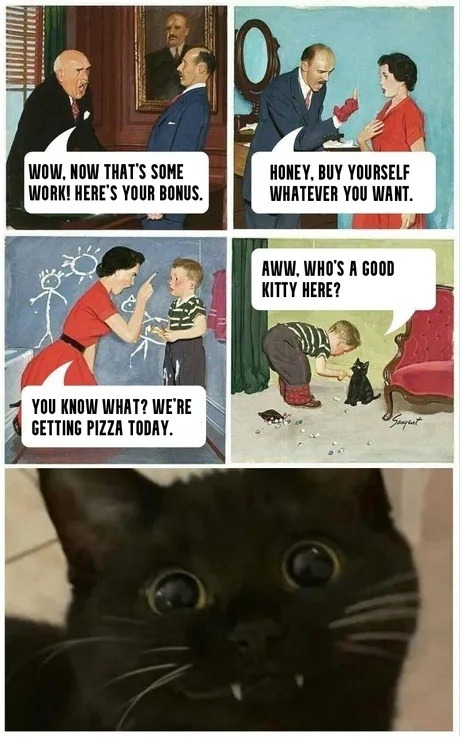 WOW, NOW THAT'S SOME WORK! HERE'S YOUR BONUS. HONEY, BUY YOURSELF WHATEVER YOU WANT. YOU KNOW WHAT? WE'RE GETTING PIZZA TODAY. AWW, WHO'S A GOOD KITTY HERE?