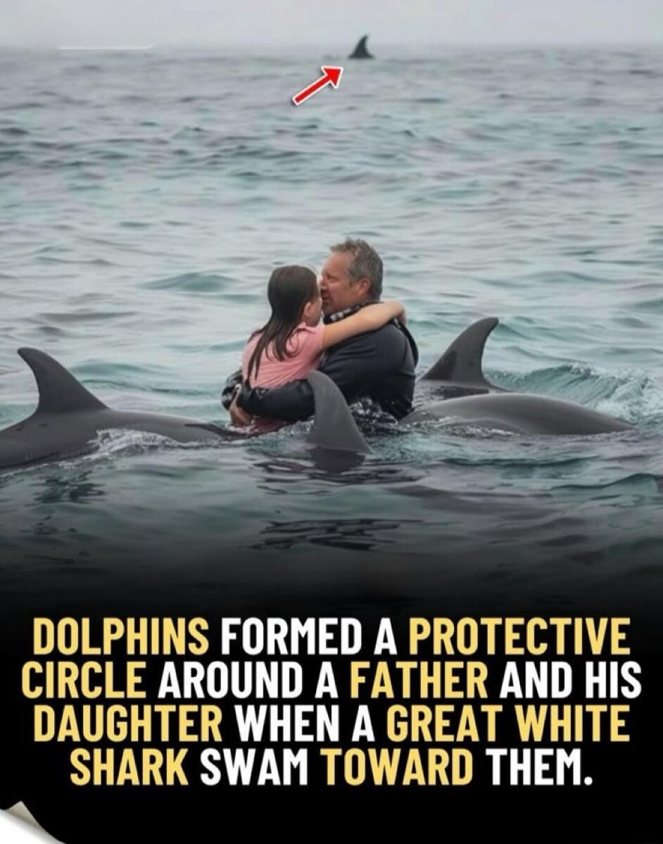 DOLPHINS FORMED A PROTECTIVE CIRCLE AROUND A FATHER AND HIS DAUGHTER WHEN A GREAT WHITE SHARK SWAM TOWARD THEM.
