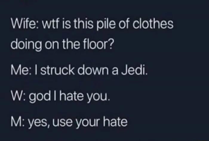 Wife: wtf is this pile of clothes doing on the floor?
Me: I struck down a Jedi.
W: god I hate you.
M: yes, use your hate