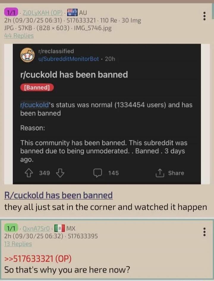 r/cuckold has been banned

[r/cuckold's] status was normal (1334454 users) and has been banned
Reason:

This community has been banned. This subreddit was banned due to being unmoderated. .. Banned . 3 days ago.

R/cuckold has been banned

they all just sat in the corner and watched it happen

So that's why you are here now?