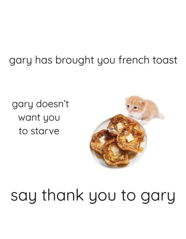 gary has brought you french toast gary doesn’t want you to starve say thank you to gary