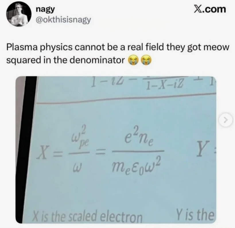 Plasma physics cannot be a real field they got meow squared in the denominator 😝😜