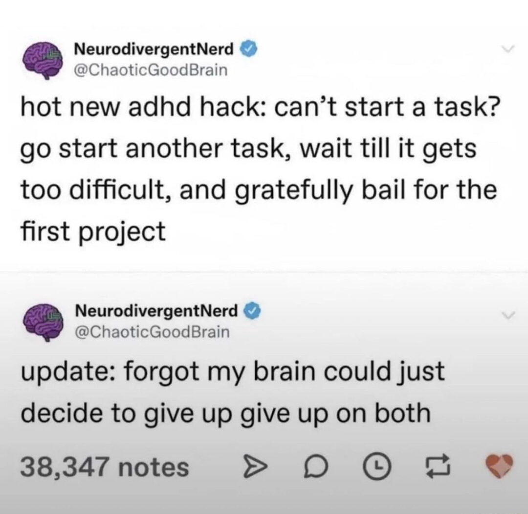 hot new adhd hack: can’t start a task? go start another task, wait till it gets too difficult, and gratefully bail for the first project

update: forgot my brain could just decide to give up give up on both

38,347 notes