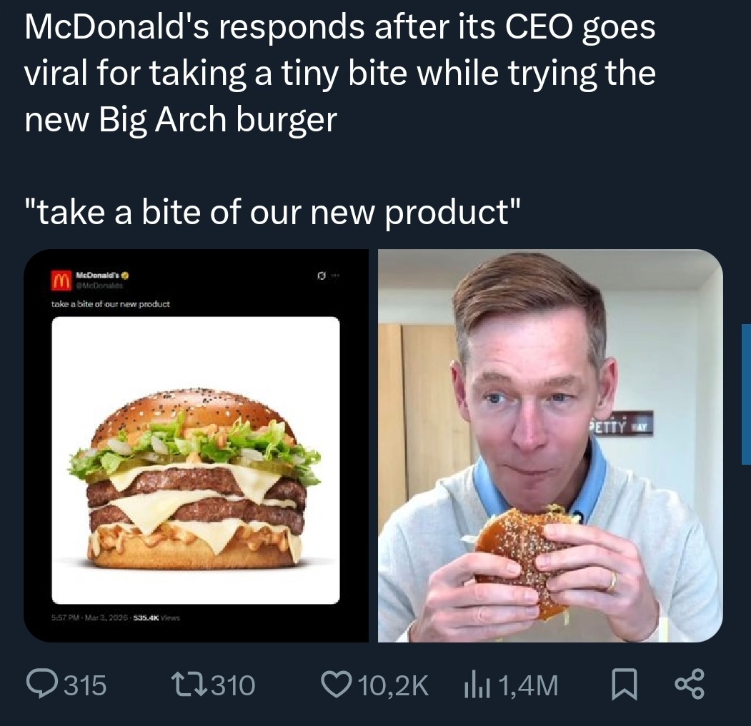 McDonald's responds after its CEO goes viral for taking a tiny bite while trying the new Big Arch burger

