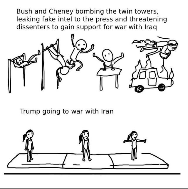 Bush and Cheney bombing the twin towers, leaking fake intel to the press and threatening dissenters to gain support for war with Iraq

Trump going to war with Iran