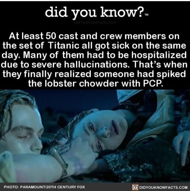 At least 50 cast and crew members on the set of Titanic all got sick on the same day. Many of them had to be hospitalized due to severe hallucinations. That’s when they finally realized someone had spiked the lobster chowder with PCP.
