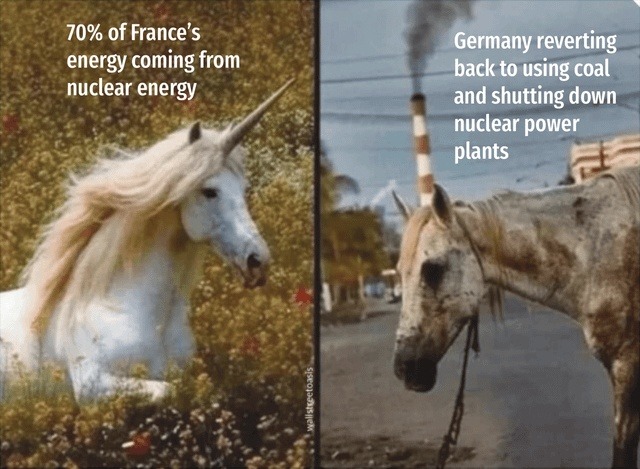 70% of France's energy coming from nuclear energy
Germany reverting back to using coal and shutting down nuclear power plants