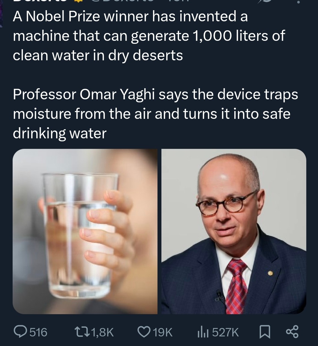 A Nobel Prize winner has invented a machine that can generate 1,000 liters of clean water in dry deserts. Professor Omar Yaghi says the device traps moisture from the air and turns it into safe drinking water.