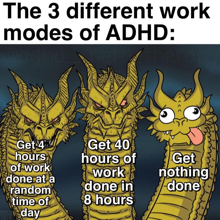 The 3 different work modes of ADHD: Get 4 hours of work done at a random time of day; Get 40 hours of work done in 8 hours; Get nothing done