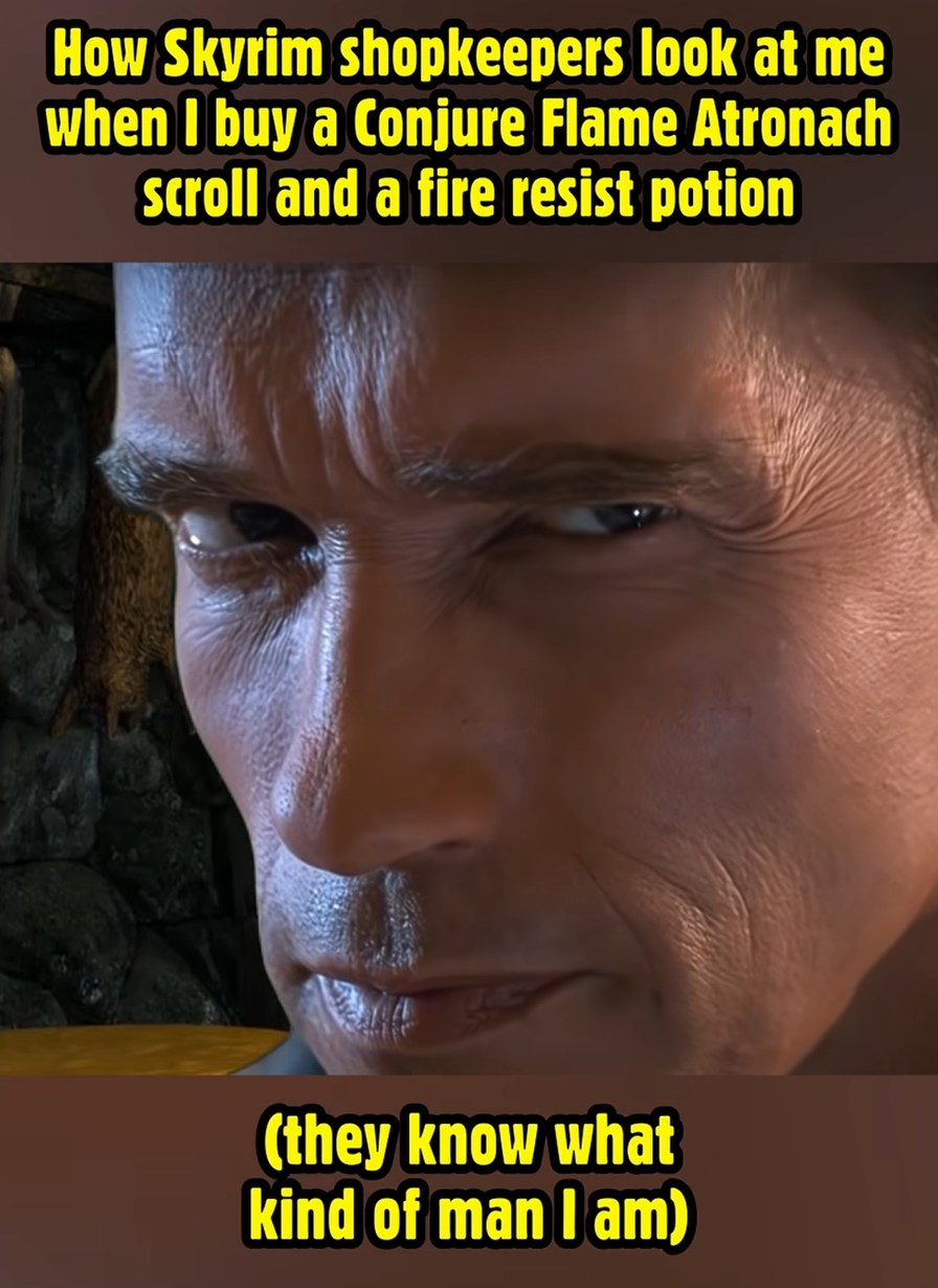 How Skyrim shopkeepers look at me when I buy a Conjure Flame Atronach scroll and a fire resist potion (they know what kind of man I am)