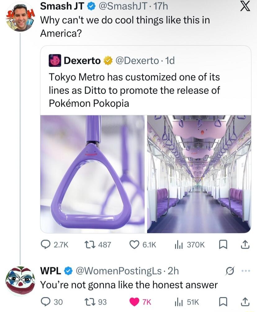 Smash JT: Why can't we do cool things like this in America? Dexerto: Tokyo Metro has customized one of its lines as Ditto to promote the release of Pokémon Pokopia