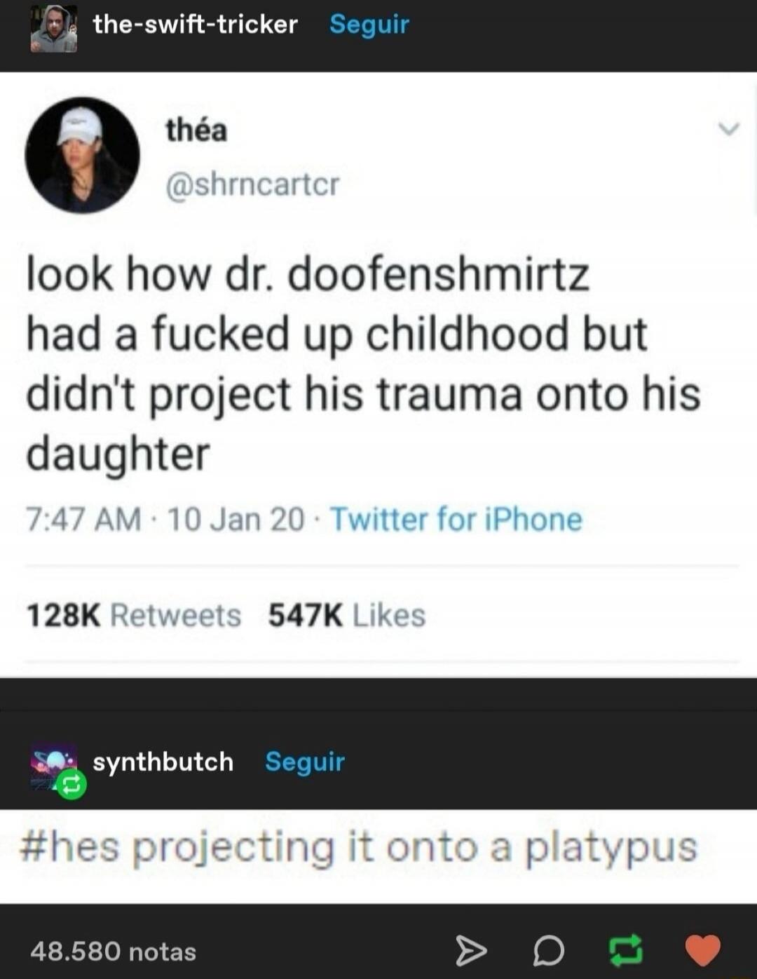 look how dr. doofenshmirtz had a fucked up childhood but didn't project his trauma onto his daughter

#hes projecting it onto a platypus