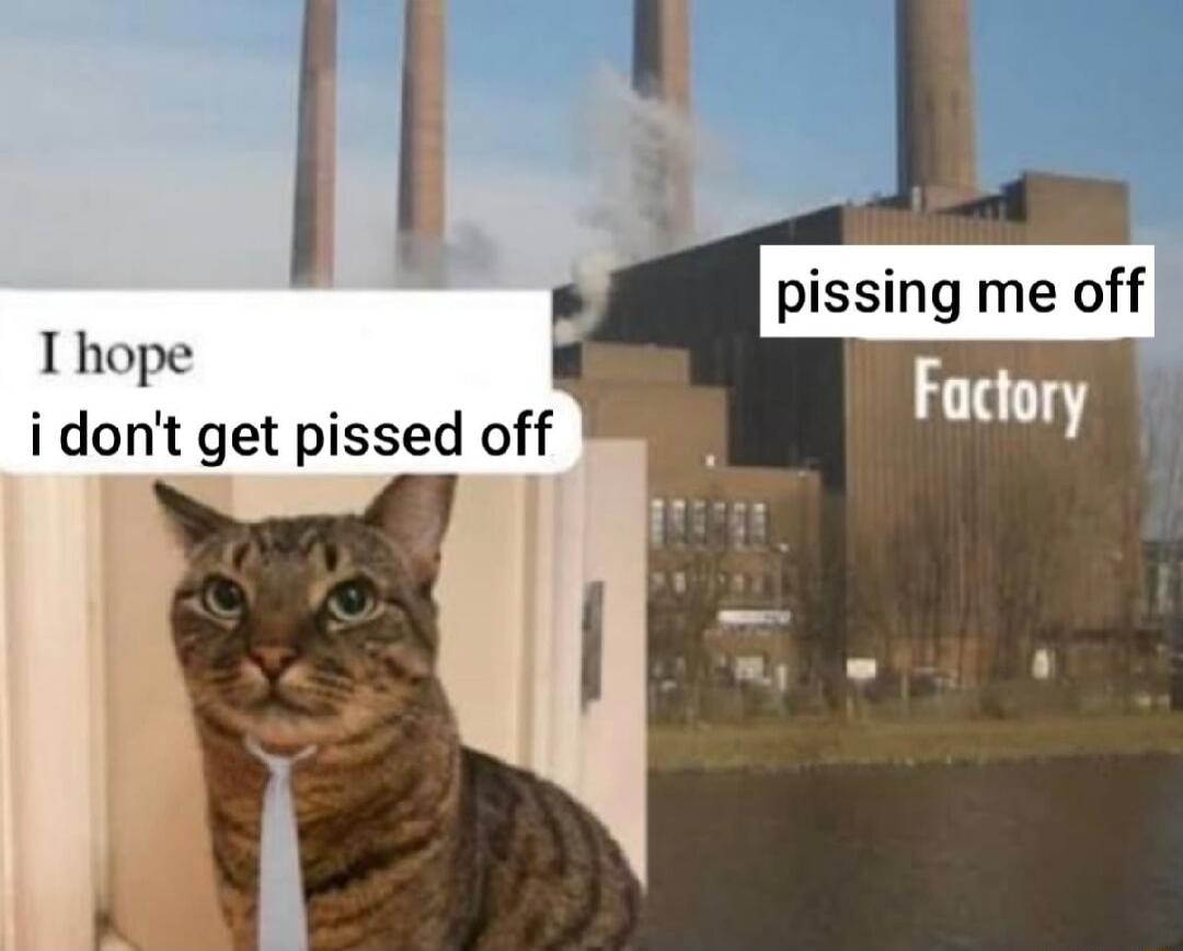 I hope i don't get pissed off
pissing me off
Factory