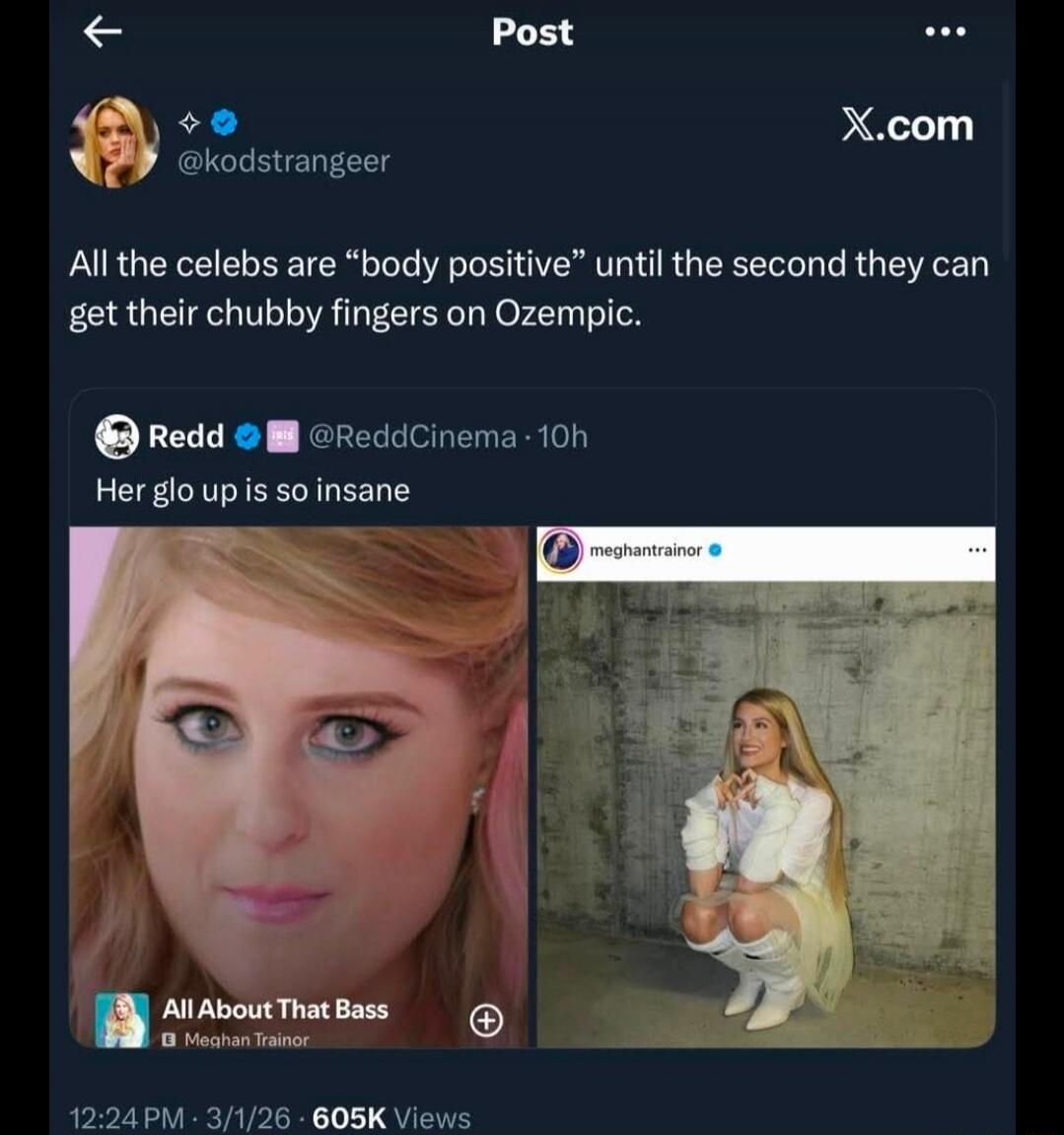 All the celebs are “body positive” until the second they can get their chubby fingers on Ozempic. Her glow up is so insane