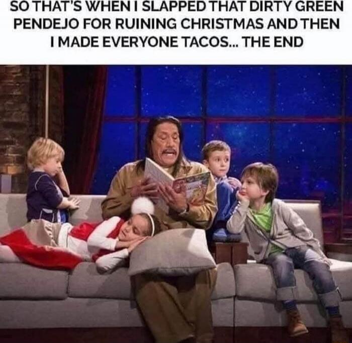 SO THAT'S WHEN I SLAPPED THAT DIRTY GREEN PENDEJO FOR RUINING CHRISTMAS AND THEN I MADE EVERYONE TACOS... THE END